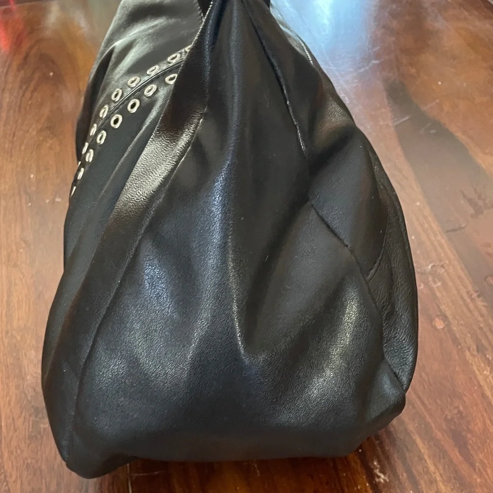 Excelled Collection Black Leather Hobo bag w/ Metal Grommets